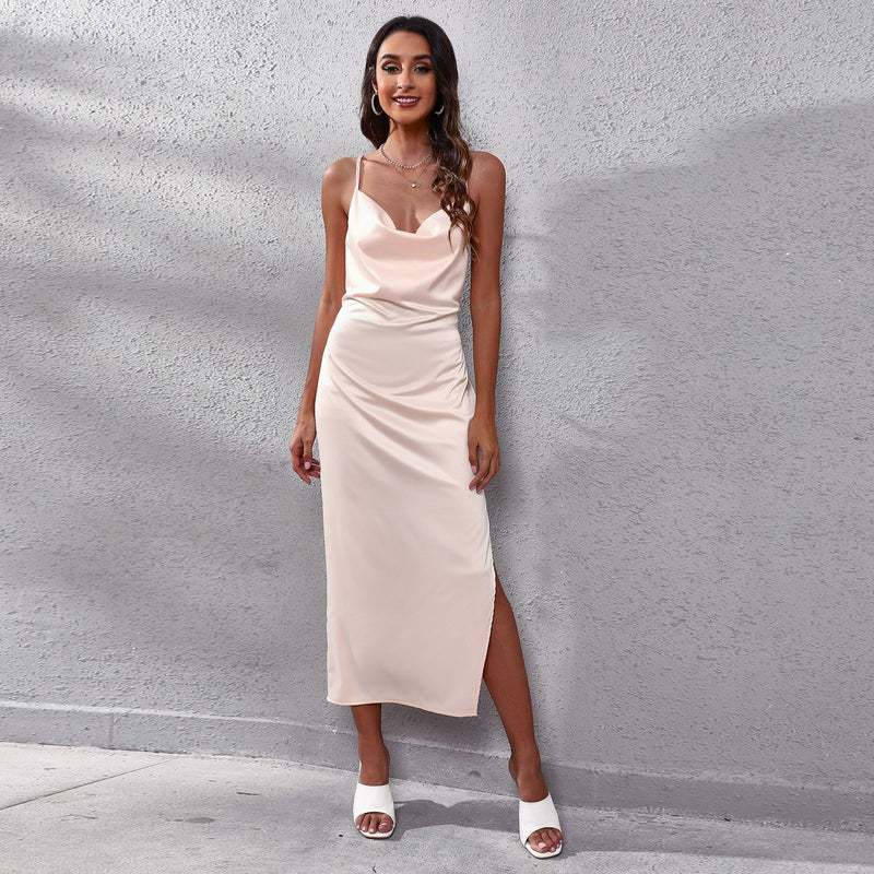Taffeta Dress Split Backless Strap Dress