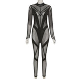 Fall Women's Clothing Sexy Mesh See-through Slim Fit Patchwork High Waist One-Piece Trousers