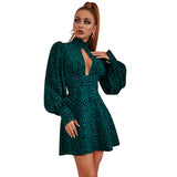 Coachella Music Festival Outfits Printed Pullover Stand Collar Short Skirt Waist-Tight Puff Sleeve