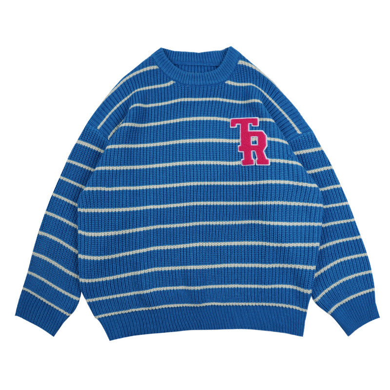 Man Fall Outfits Retro Alphabet Mixed Color Stripe Sweater Men and Women Loose