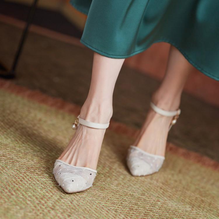 Low Heel Wedding Shoes Mesh High Heel Pointed Toe Stiletto Heel Low Heel