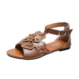 Women Open Toe Sandals Flats Summer Square Heel Flat Large Size Buckle Flower Cutout Casual Sandals