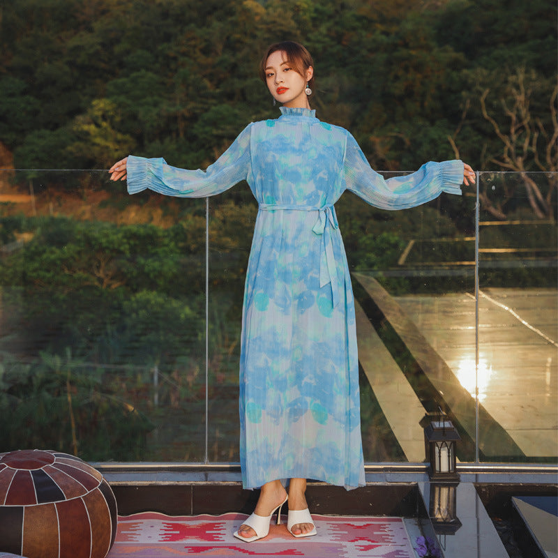 Coachella Music Festival Outfits Dress Printed Sea Vacation Long Dress Vintage Long Sleeve
