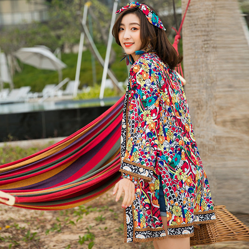 Coachella Music Festival Outfits Printed Cardigan Thailand Desert Loose-Fitting Slimming Coat Sun Protection Shirt Women