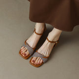 Nude Low Block Heel Open Toe Sandals Chunky Heel Roman Shoes