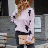 Women Pullover Knit Sweater Lightning Print Pullover Sweater Autumn and Winter Fashion Shoulder-Baring Sweater