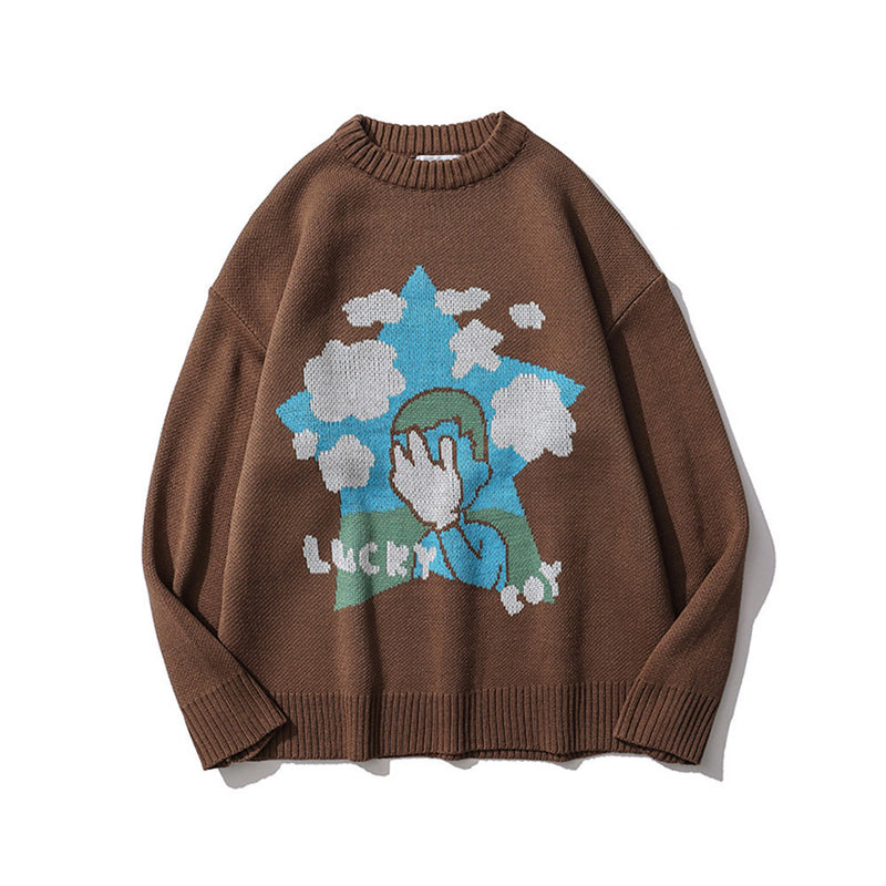 Men Sweater Cartoon Jacquard Sweater Men's Loose round Neck Pullover