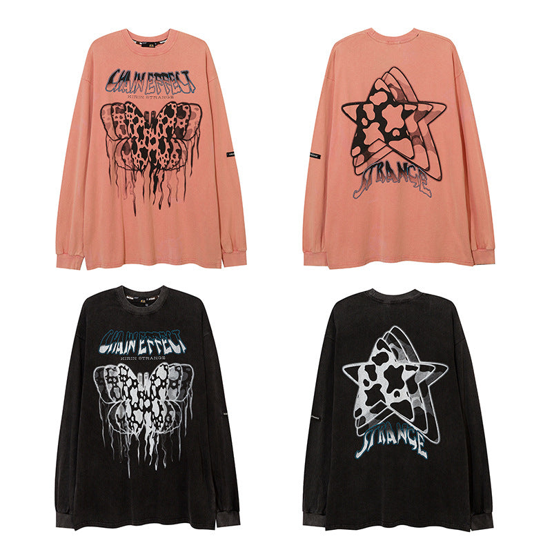 Man Fall Outfits Butterfly Graffiti Long-Sleeved T-shirt Loose Hip Hop Sweater for Men and Women