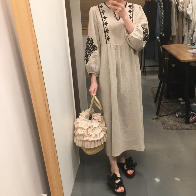 Coachella Music Festival Outfits Flower Loose High Waist Long Lantern Sleeve Dress