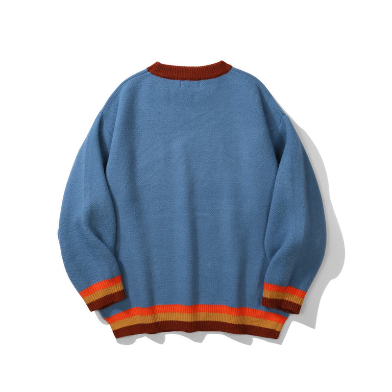Men Sweater Cartoon Jacquard Color Matching Sweater Men's Street Fashion Loose