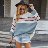 Women Pullover Knit Sweater Women's Autumn and Winter Loose plus Size Color Matching Roll-up Sleeve Sweater