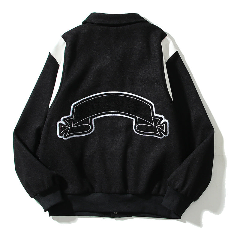 Cardigan Baseball Jacket Ask Autumn and Winter V10 Embroidered Logo American Retro Leather Patchwork Black and White Baseball Jacket