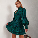 Coachella Music Festival Outfits Printed Pullover Stand Collar Short Skirt Waist-Tight Puff Sleeve