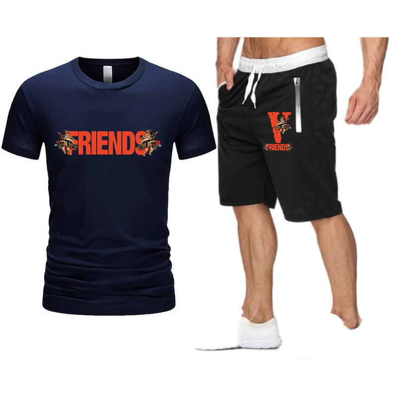 Vlone T Shirts & Shorts 2 Piece Set Large V Printed Short Sleeve Loose Short Sleeve T-Shirt Shorts