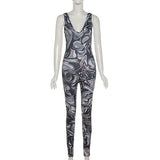Summer women's fashion printed high waist tight sleeveless low cut sports jumpsuit
