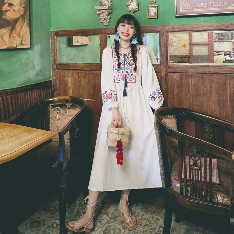 Coachella Music Festival Outfits Embroidered Cotton Linen Holiday Dress