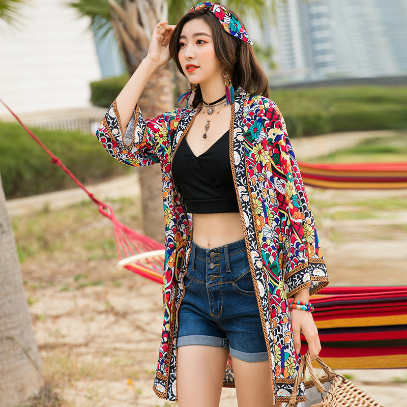 Coachella Music Festival Outfits Printed Cardigan Thailand Desert Loose-Fitting Slimming Coat Sun Protection Shirt Women