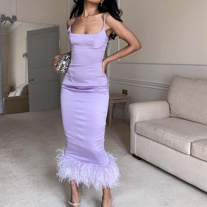 Taffeta Dress Temperament Camisole Long Dress Solid Color Satin Dress