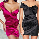 MIDI Mauve Cocktail Dress Summer off-Shoulder Pleated Slim-Fit Short Dress