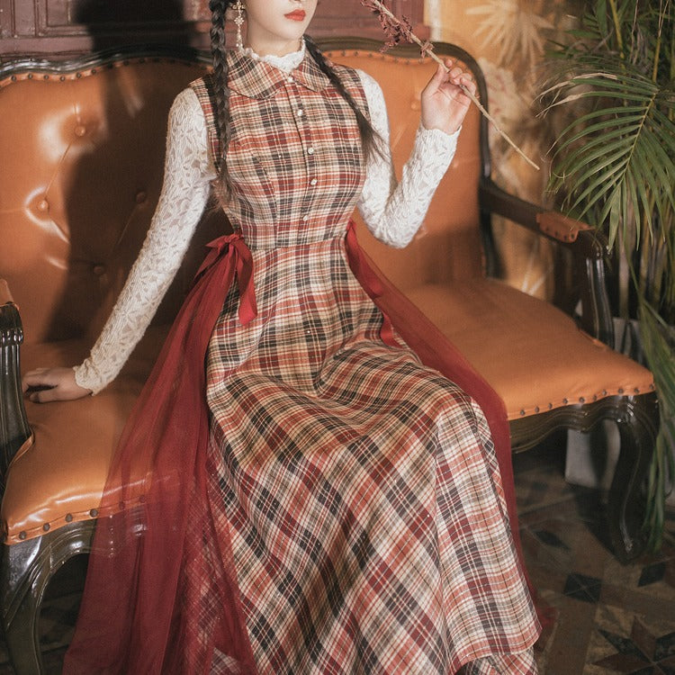 Coachella Music Festival Outfits Autumn and Winter Retro Plaid Stitching Mesh Vest Skirt