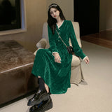 Blue Velvet Dress V-neck Dress French