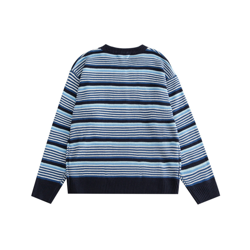 Men Sweater Embroidered Letter Patch Striped Sweater Men's Loose round Neck Pullover