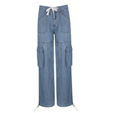 Julia Fox Low Rise Jeans Distressed Blue Line Split Low Waist Drawstring Loose Pockets Stitching Casual Trousers