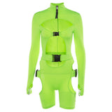 Fall Women's Clothing Sexy Cutout Sheath Tight Fluorescent Color Long Sleeve Sports One-Piece Shorts