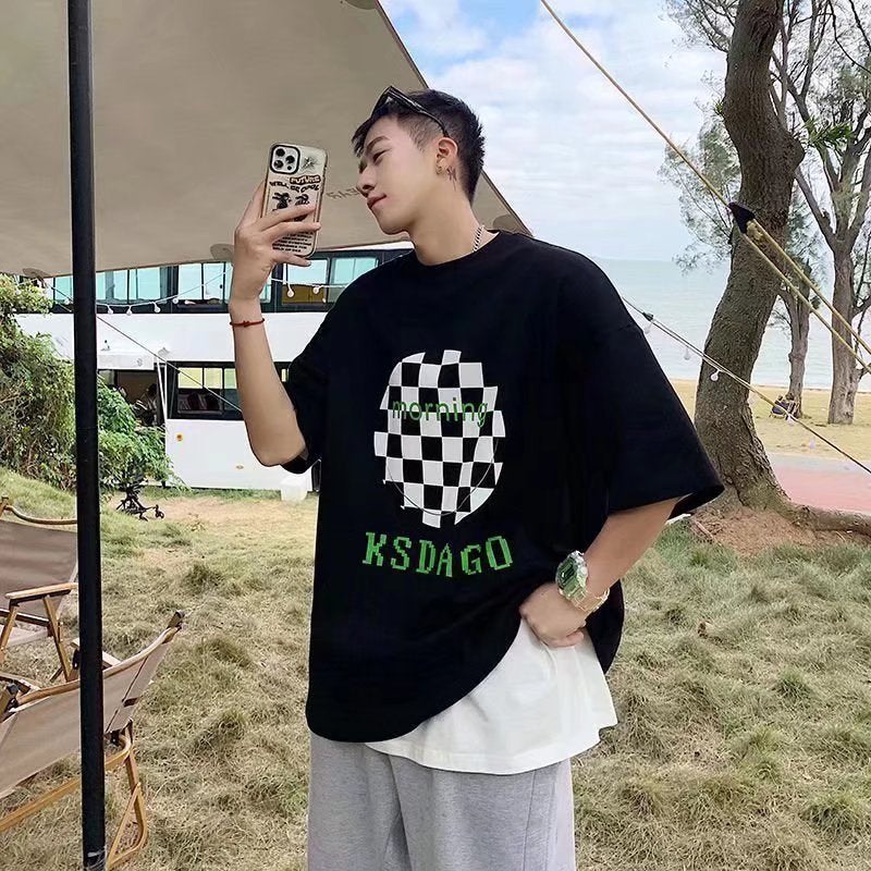 Men T-Shirts Loose Round Neck Chessboard Plaid Half Sleeve