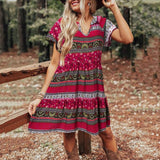 Romany Gypsy Outfits Printed Short Sleeve V-neck Summer Spring Loose Bohemian Style Pleated Dress