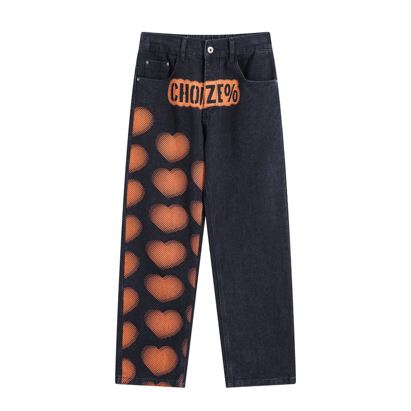 Man Fall Outfits Love Heart Letter Print Overalls Versatile Loose Straight Trousers