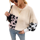 Women Pullover Knit Sweater Women's Clothing Autumn and Winter Contrast Color Leopard-Print Sweater Women