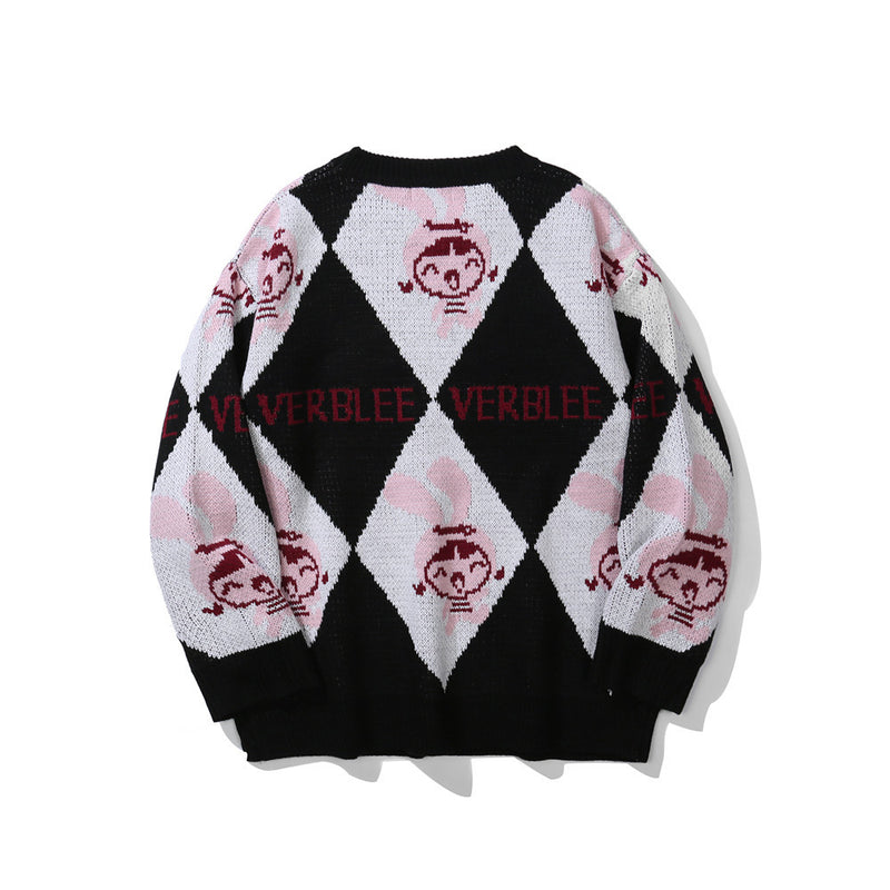 Men Sweater Cartoon Contrasting Color Jacquard Sweater Men's Loose round Neck Sweater Head Shirt