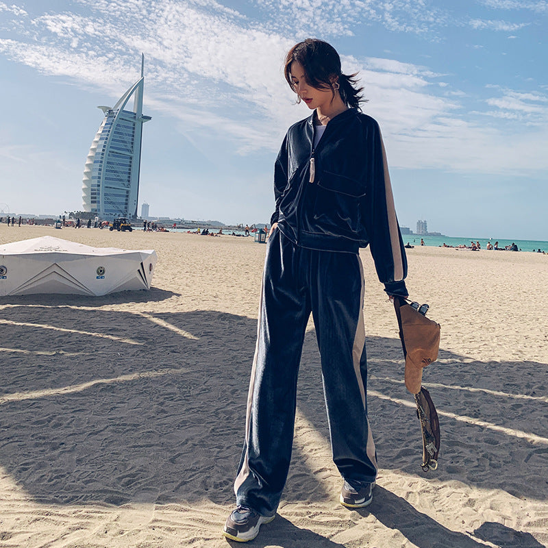 Velour Tracksuit Spring and Autumn Loose Slim-Fit Jacket Two-Piece Pants