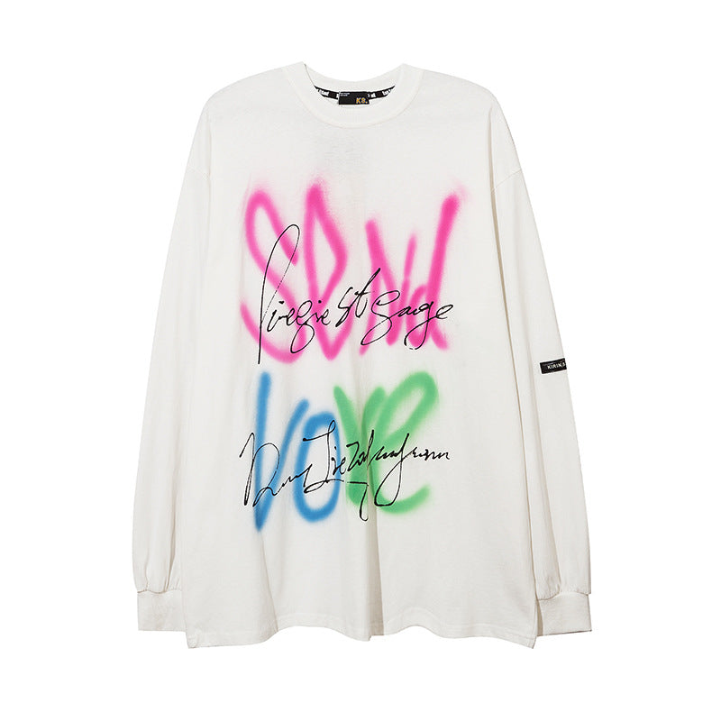 Man Fall Outfits Loose Flame Letter Print Hiphop round Neck Long Sleeve T-shirt