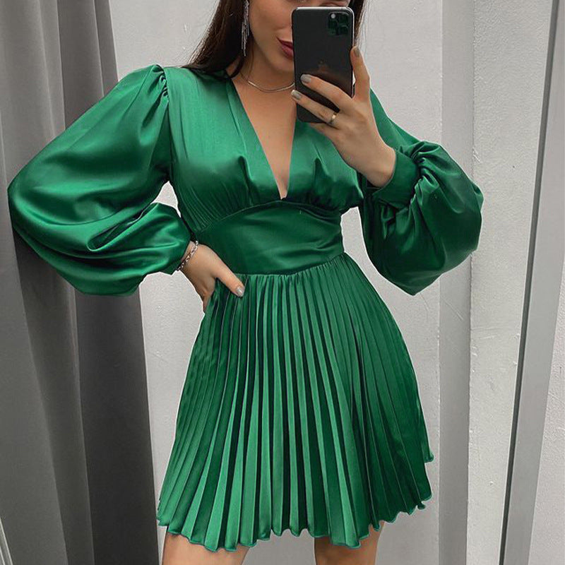 Emerald Green Dress Pleated Long Sleeve Satin Skirt A- Line V-neck High Waist Elegant