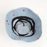 Denim Bucket Hat Fishing Cap Cotton Print Fisherman Hat Red Love Heart Embroidery Vintage Fashion