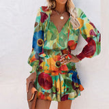 Coachella Music Festival Outfits Autumn Color Print Street Fashion V-neck Dress