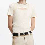 Rave Outfits Men T Shirt Hollow Short Sleeve Simple Solid Color
