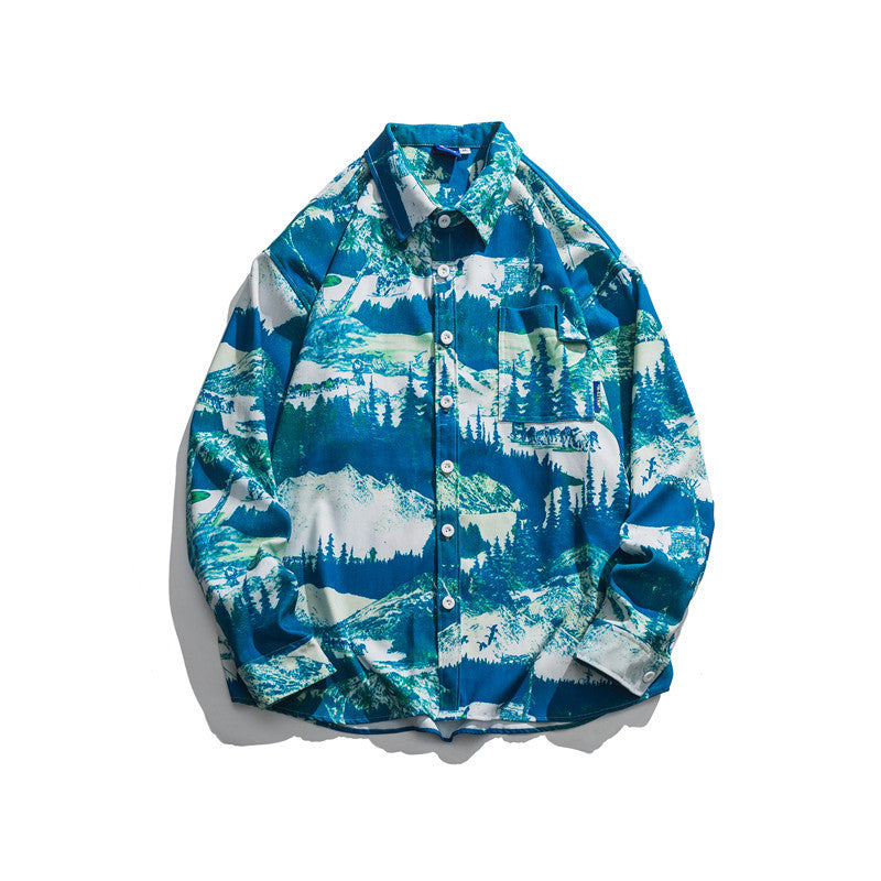 Man Fall Outfis Autumn Creative Printing Long Sleeve Shirt Boys Loose Oversize Outerwear Shirt