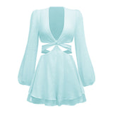 Coachella Music Festival Outfits Fashion Solid Color Women's Clothing Hollow Sexy Deep V-neck Lantern Sleeves