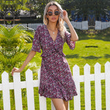 Coachella Music Festival Outfits Summer Floral Print Short Sleeve Backless Ruffle Dress for Women