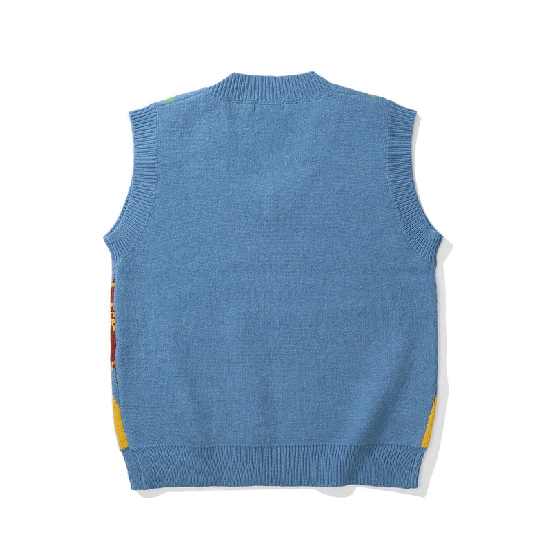 Men Sweater Rhombus Contrasting Color Jacquard Knitted Vest Men's Street Fashion Loose