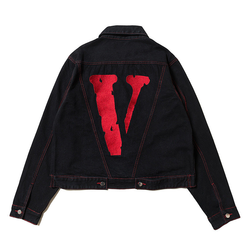 Vlone Jean Jacket Letter Print Large V Denim Casual Jacket
