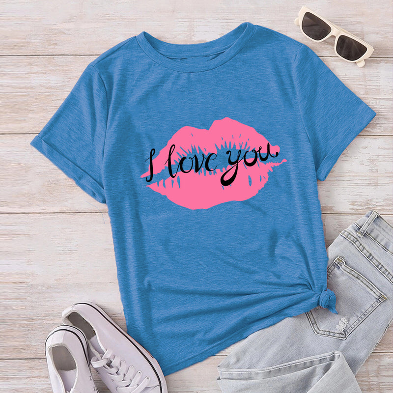Valentine's Day T Shirts Couples Autumn I Love You Lips Cotton Pullover Short Sleeve T-shirt