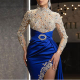 Long Homecoming Dresses Women's Blue Gold round Neck Dress Long Dress Women