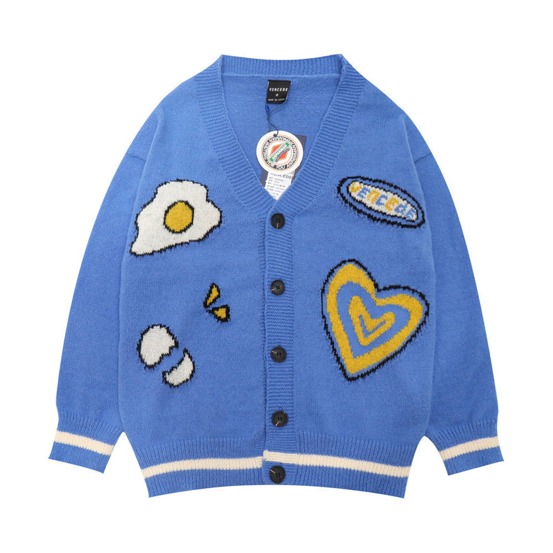 Men Sweater Cartoon Embroidery Color Matching Sweater Coat Men's Loose V-neck Cardigan Sweater