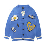 Men Sweater Cartoon Embroidery Color Matching Sweater Coat Men's Loose V-neck Cardigan Sweater
