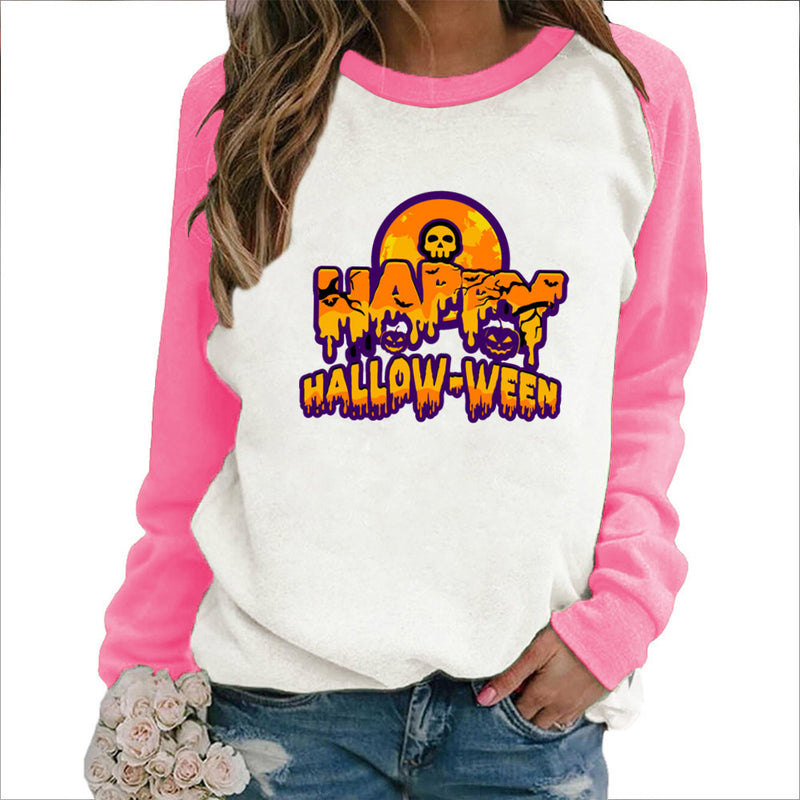 Halloween Costumes Printing Capless round Neck Contrast Color Sweatshirt Women