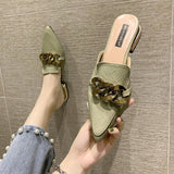 Finn Chain Pointed Toe Mule Slippers Female Summer Outer Wear Pointed Toe Pump Mid Heel Slippers